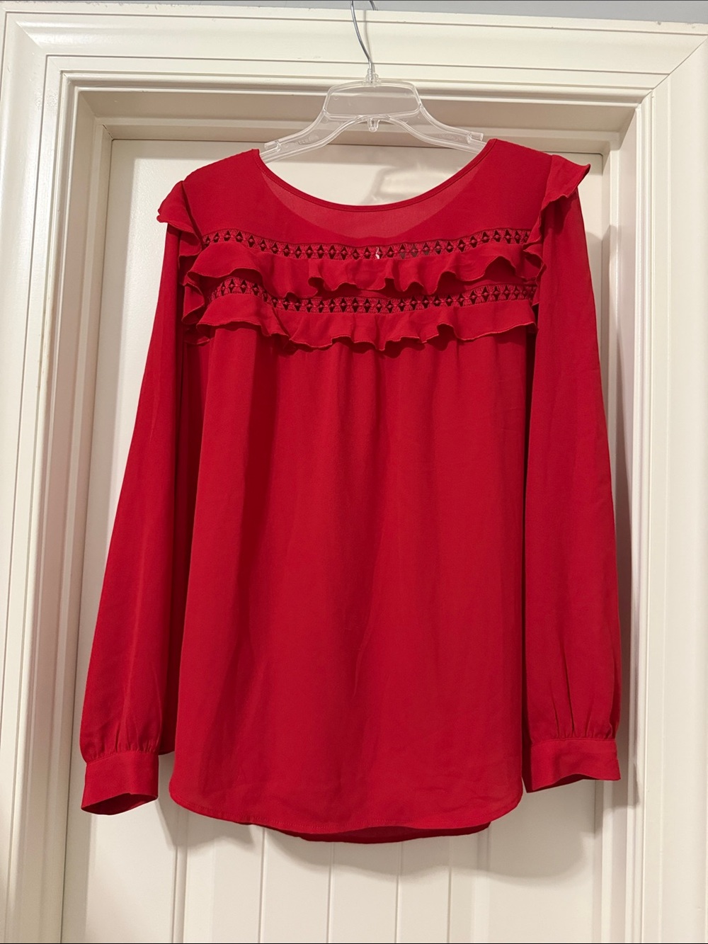 EUC LOFT Red Ruffle-Trim Long Sleeve Blouse Size XL